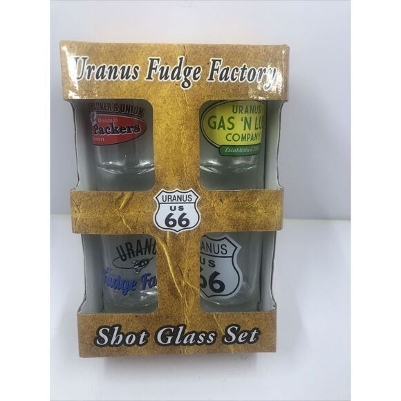 Route 66 Uranus Fudge Factory Shot Glass Set of 4, Brand NEW, Uranus, Missouri. - Picture 1 of 10